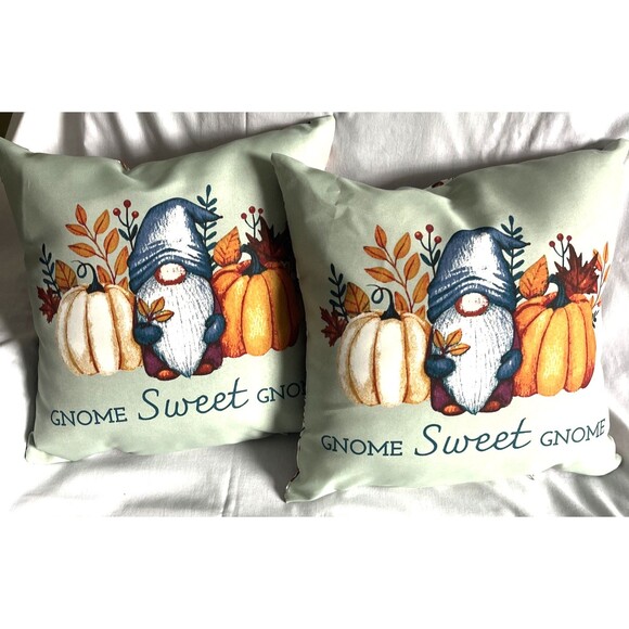 Lot of 2 Mainstays Outdoor Square Pillows Gnome Sweet Gnome 16" x 16" NEW - Picture 1 of 6